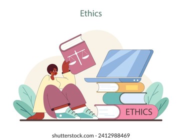 Ethics study concept. A person engrossed in literature on ethics, beside a laptop and stacked books. Pursuit of moral understanding. Flat vector illustration.