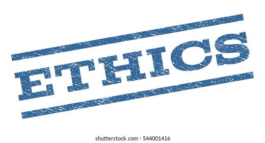 Ethics watermark stamp. Text tag between parallel lines with grunge design style. Rubber seal stamp with dirty texture. Vector cobalt blue color ink imprint on a white background.