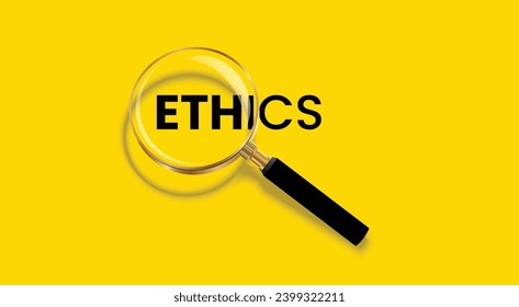 Ethics word with magnifying glass poster concept design, isolated on yellow background.