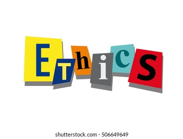 ethics, word and text cut from paper, in flat design
