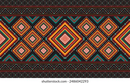 Ethinic Abstract Orange,Green and Yellow Tone rug pattern on black background.
Ikat Aztec print. Scandinavian seamless pattern. Ethnic ornament. tribal Scandinavian geometric vector ikat pattern.