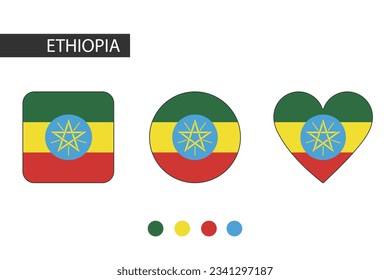 Ethiopia 3 shapes (square, circle, heart) with city flag. Isolated on white background.
