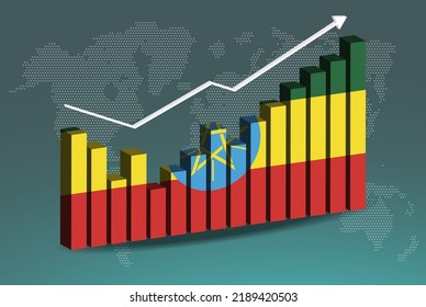 Gráfico de barras etíopes 3D con altibajos, valores crecientes, bandera etíope en gráfico de barras 3D, flecha ascendente en los datos, idea de pancarta de noticias, concepto de país en desarrollo