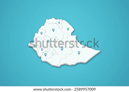 Ethiopia 3D map illustration with province map pin on isolated background