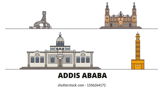 Ethiopia, Addis Ababa flat landmarks vector illustration. Ethiopia, Addis Ababa line city with famous travel sights, skyline, design. 