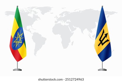 Etiópia e Barbados bandeiras para reunião oficial contra fundo do mapa do mundo.