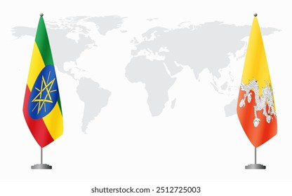 Ethiopia and Bhutan flags for official meeting against background of world map.