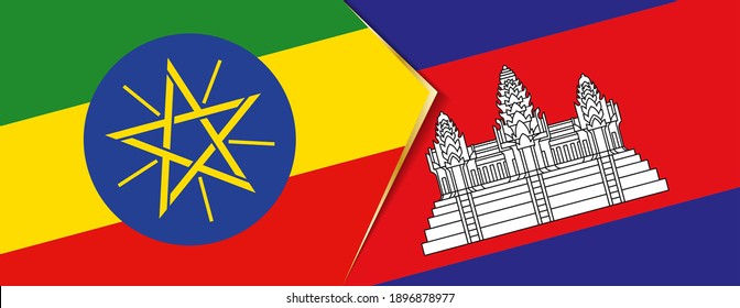 Ethiopia and Cambodia flags, two vector flags symbol of relationship or confrontation.