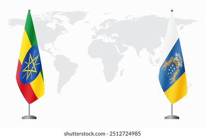 Bandeiras da Etiópia e das Ilhas Canárias para reunião oficial em segundo plano do mapa do mundo.