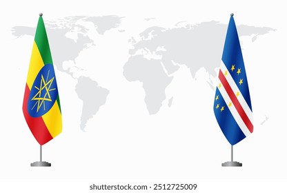 Ethiopia and Cape Verde flags for official meeting against background of world map.