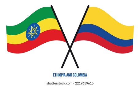 Ethiopia and Colombia Flags Crossed And Waving Flat Style. Official Proportion. Correct Colors.