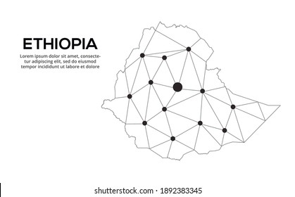 Ethiopia communication network map. Vector image of a low poly global map with city lights. Map in the form of lines and dots