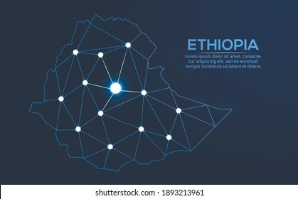 Ethiopia communication network map. Vector low poly image of a global map with lights in the form of cities. Map in the form of a constellation, mute and stars.