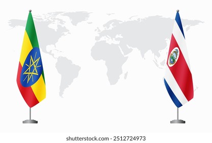 Ethiopia and Costa Rica flags for official meeting against background of world map.