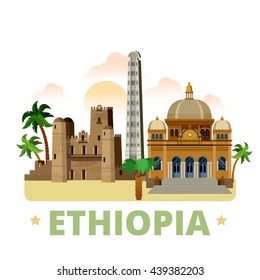 Ethiopia country flat cartoon style historic sight showplace web site vector illustration. World vacation travel Africa collection. Menelik II Mausoleum in Addis Ababa Fasil Ghebbi Obelisk of Axum.