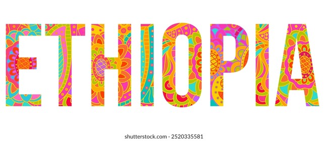 Ethiopia creative country name text design filled with colorful doodle pattern	