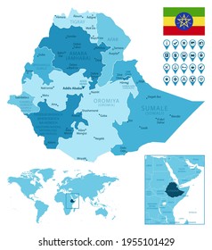 Ethiopia detailed administrative blue map with country flag and location on the world map.