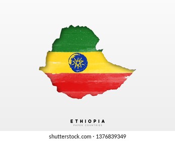 Ethiopia detailed map with flag of country. Painted in watercolor paint colors in the national flag.