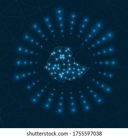 Digitale Karte Äthiopiens. Lichtstrahlen, die vom Land aus strahlen. Netzanschlüsse und Telekommunikations-Design. Vektorgrafik.