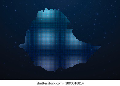 Ethiopia dotted map in futuristic style, glowing outline made of stars lines dots. Communication, internet technologies concept on dark blue space background. Vector illustration.