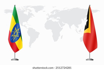 Ethiopia and East Timor flags for official meeting against background of world map.