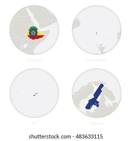 Ethiopia, Faroe Islands, Fiji, Finland map contour and national flag in a circle. Vector Illustration.
