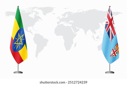 Ethiopia and Fiji flags for official meeting against background of world map.