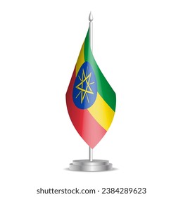 Ethiopia flag - 3D mini flag hanging on desktop flagpole. Usable for summit or conference presentaiton. Vector illustration with shading.