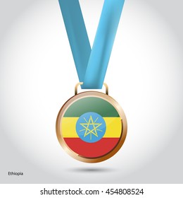 Ethiopia Flag in Bronze Medal. Olympic Game Bronze Medal. Vector Illustration