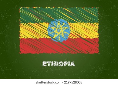 Ethiopia flag with chalk effect on green chalkboard, hand drawing country flag concept, green blackboard with Ethiopia flag, chalk texture, flag for kids, classroom material