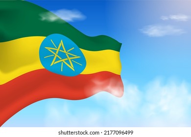 Ethiopia flag in the clouds. Vector flag waving in the sky. National day realistic flag illustration. Blue sky vector.