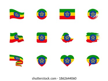 Ethiopia flag - flat collection. Flags of different shaped twelve flat icons. Vector illustration set