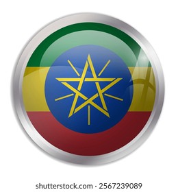 Ethiopia flag - glossy circle button displays a colorful flag representing a country cultural identity and heritage. The essence of national pride and unity.