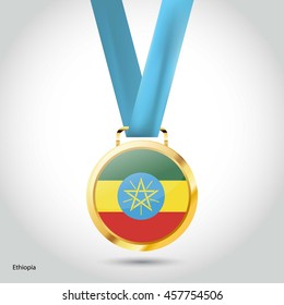 Ethiopia Flag in gold Medal. Vector Illustration. RIO Olympic Game gold Medal. Vector Illustration