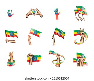 Ethiopia flag and hand on white background. Vector illustration