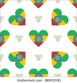 Ethiopia flag heart seamless pattern. Patriotic Ethiopia flag background. Country flag in the shape of heart. Vector seamless pattern.