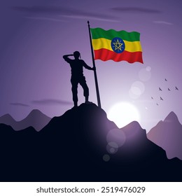 Ethiopia Flag hoisted on a mountain peak with a purplish sunset in the background, vector illustration