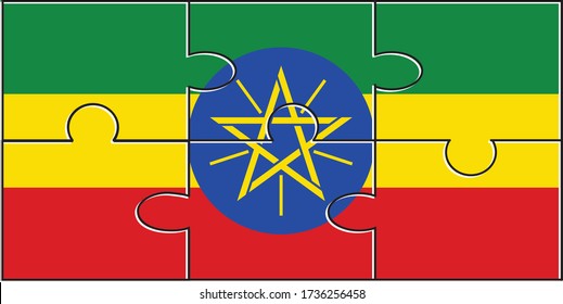 Rompecabezas de la Bandera de Etiopía. Ilustración vectorial. 6 rompecabezas. Rompecabezas simples para niños