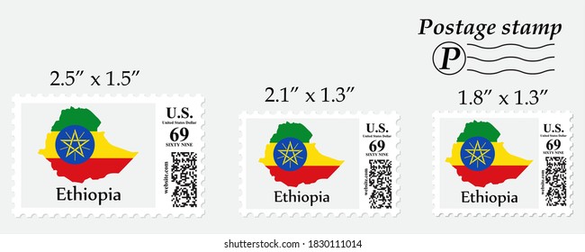 Ethiopia flag map on postage stamp different size.