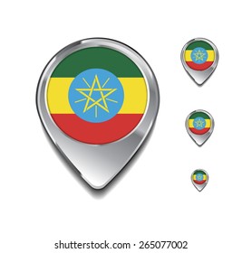 Ethiopia flag map pointer. 3d Map Pointer with flag glossy button style on gray background