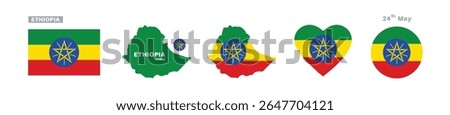 ethiopia flag and map set. ethiopia flag in official colors and proportions. independence day 24 may, map, circle and heart shaped ethiopia