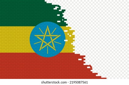 Ethiopia flag on broken brick wall. Empty flag field of another country. Country comparison. Easy editing and vector in groups.