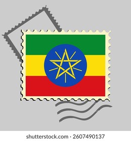 Ethiopia flag postage stamp. Isolated vector illustration on grey post stamp background