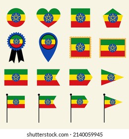 Marca Etiopía establecida en 16 versiones de forma. Colección de iconos de la bandera de Etiopía con formas cuadradas, redondas, corazón, triángulo, medallas, sellos y ubicaciones.