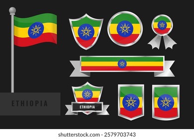 Ethiopia flag set. Collection of Ethiopian national emblems. Flat design of flags collection.