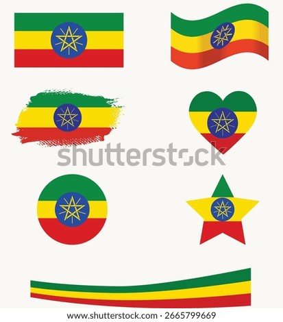 Ethiopia flag set of icons. Vector flag of Ethiopia symbol. Set of Ethiopia flags in rectangular, brush, waved, heart and circle.