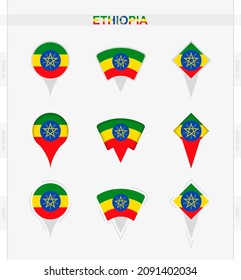 Ethiopia flag, set of location pin icons of Ethiopia flag. Vector illustration of national symbols.