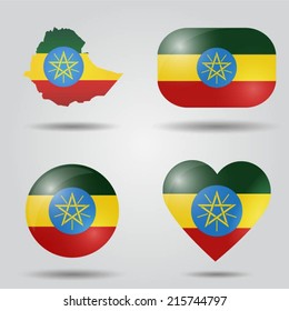 Ethiopia flag set in map, oval, circular and heart shape.