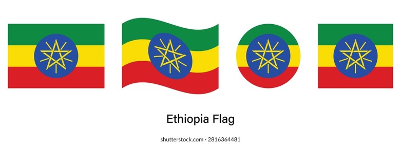 Ethiopia Flag Set with Waving, Circle and Rectangle Shapes Vector Illustration
