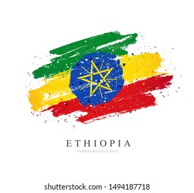 Ethiopia flag in the shape of a big circle. Vector illustration on a white background. Brush strokes are drawn by hand. Independence Day.